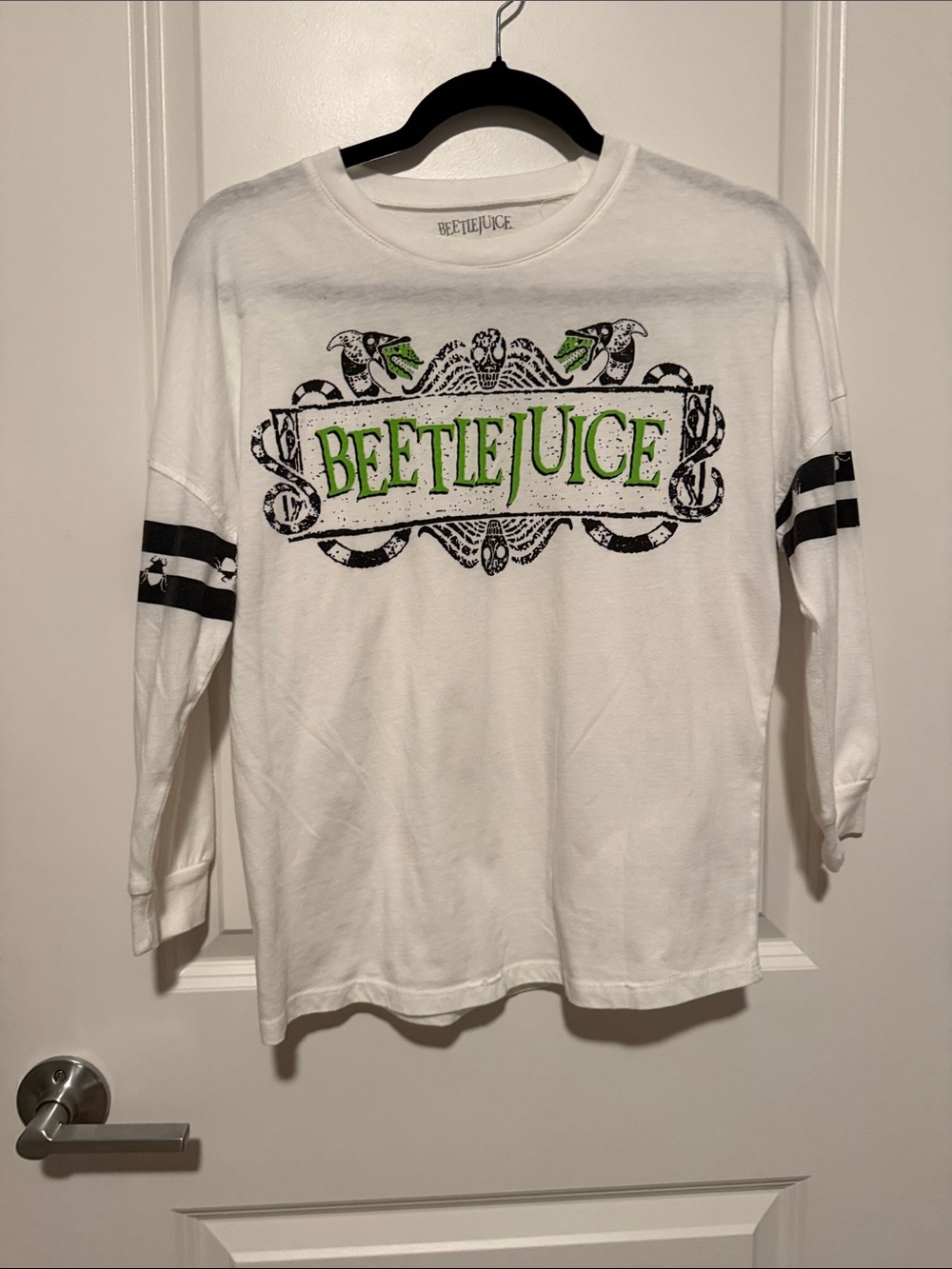 Target White Beetlejuice Graphic Long-Sleeve Tee with Black Stripes